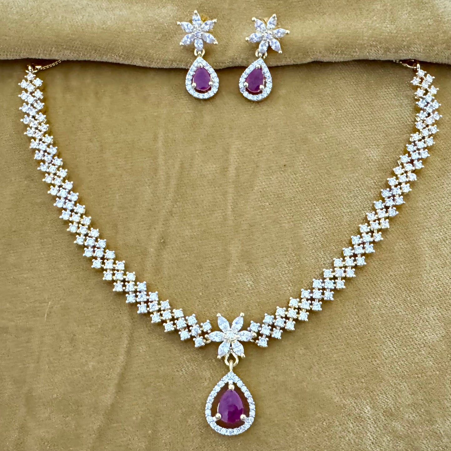 Pearlfect American Diamond Floral Waterdrop Necklace Set