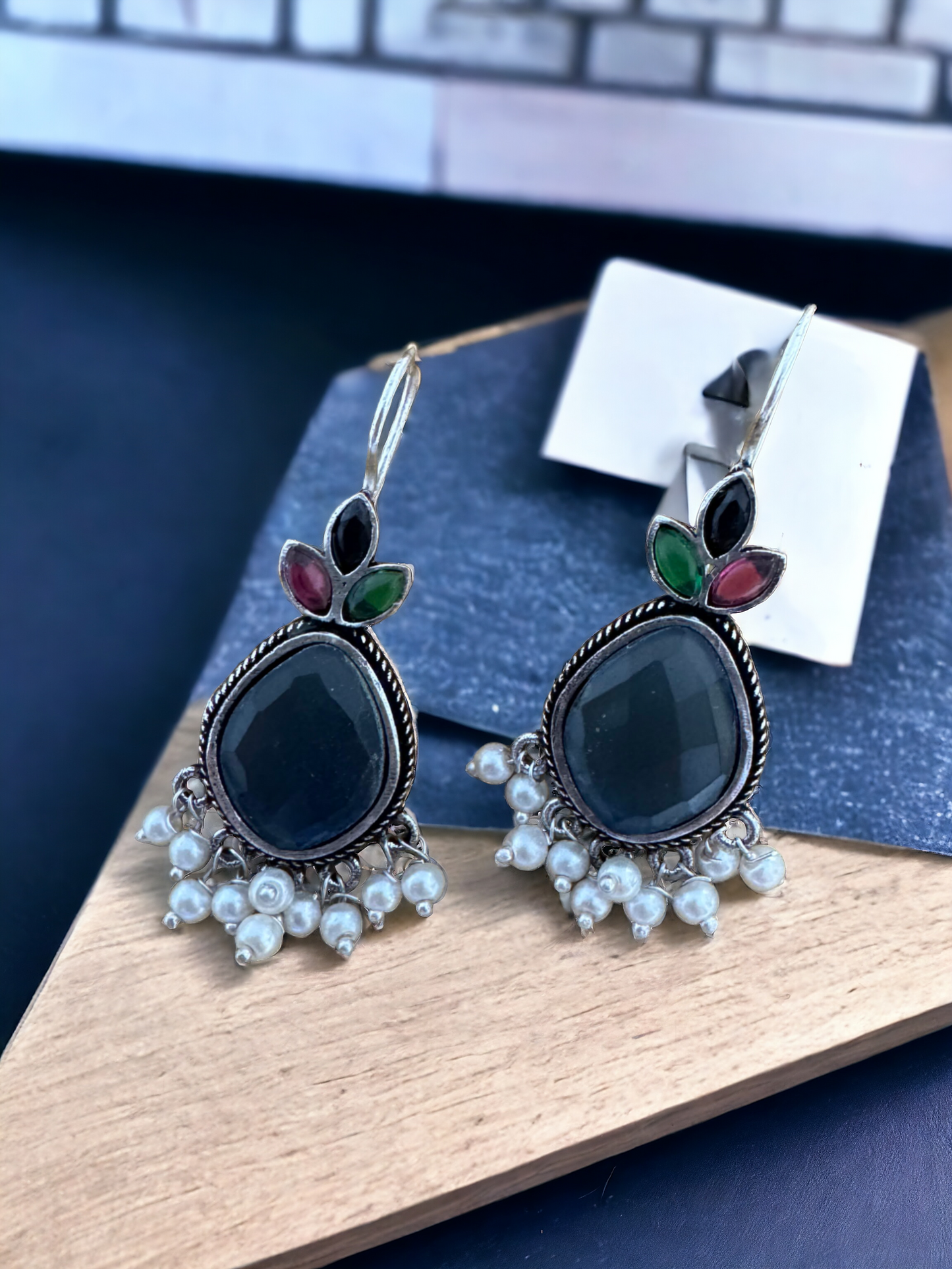 Pearlfect Cut-Stone Dangling Oxidised Earrings (In Four Colours)