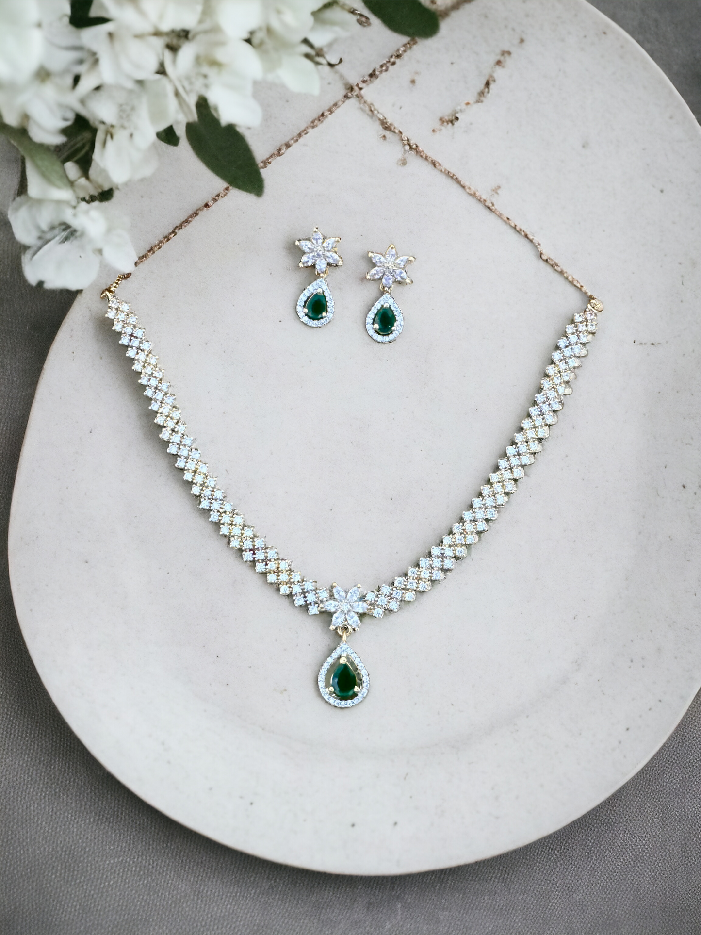 Pearlfect American Diamond Floral Waterdrop Necklace Set