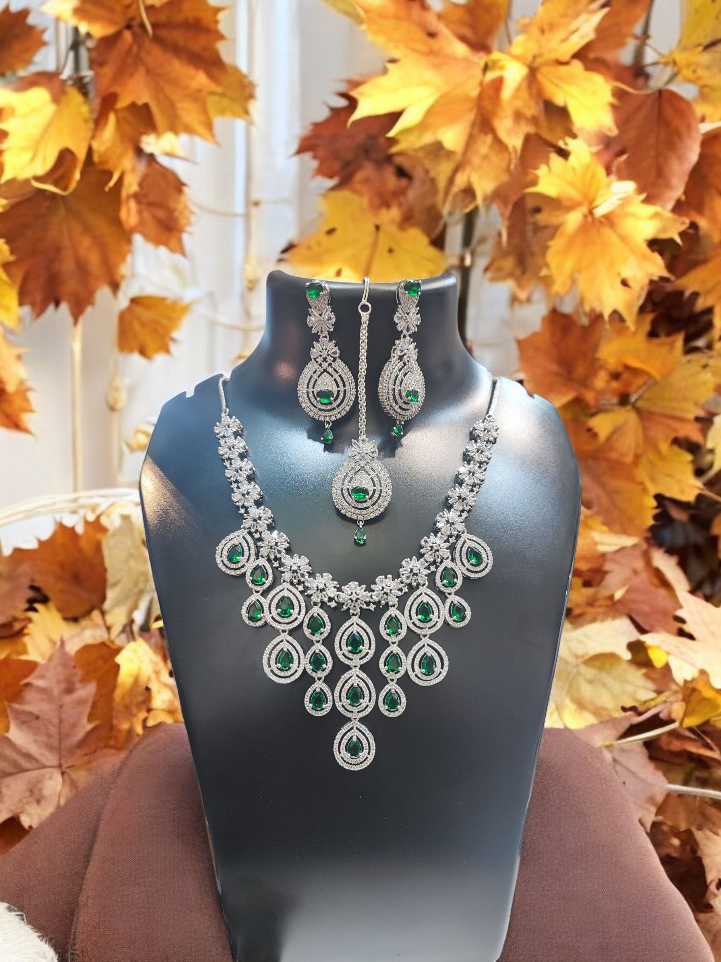 Pearlfect Statement Maker AD Necklace Set with Maang Teeka