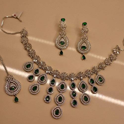 Pearlfect Statement Maker AD Necklace Set with Maang Teeka
