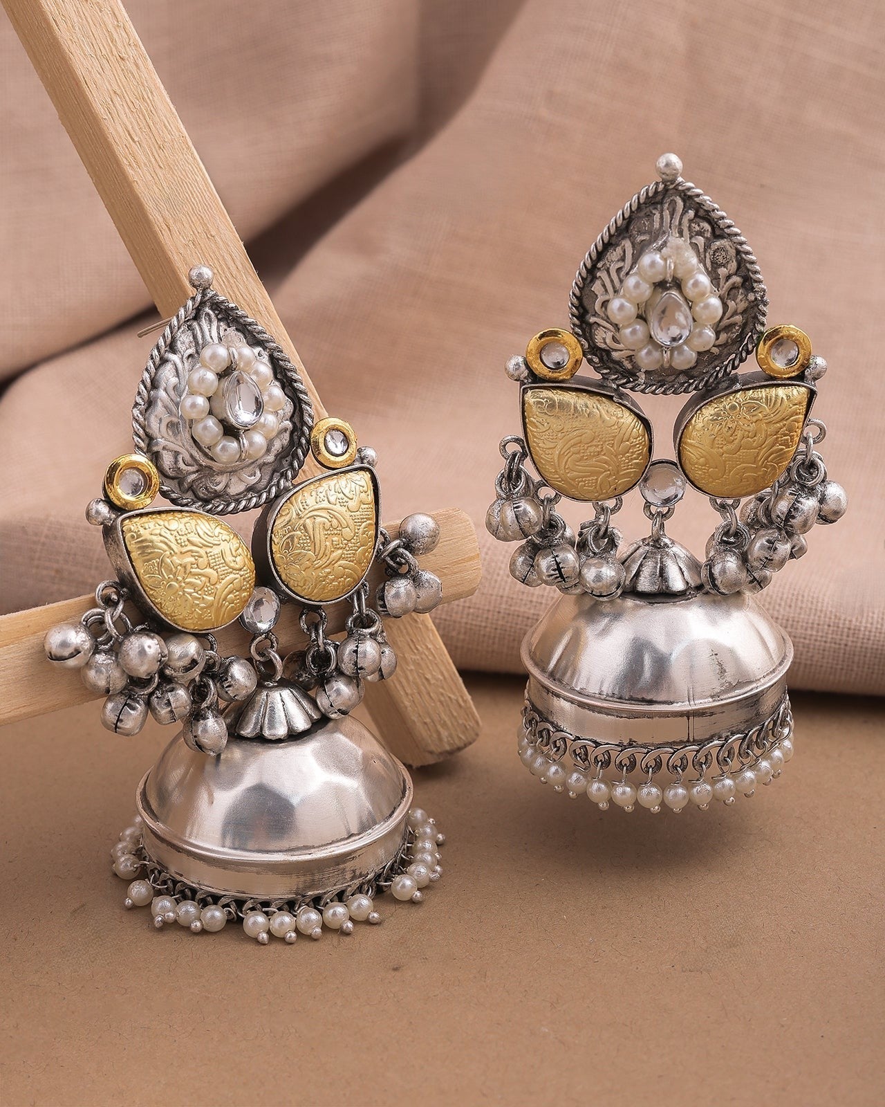 Pearlfect Dual Gold Oxidised Jhumke Earrings