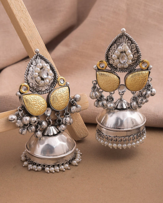 Pearlfect Dual Gold Oxidised Jhumke Earrings