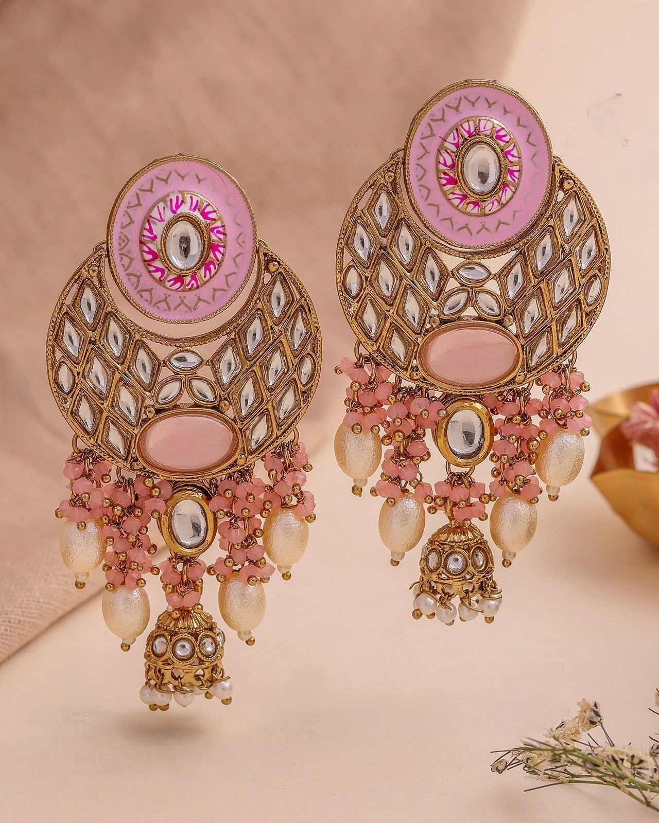 Pearlfect Pink Mirror Dangler Earrings