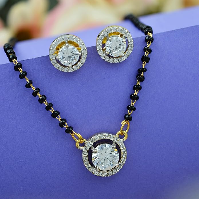 Pearlfect Mangalsutra Gold Plated American Diamond Pear Shaped With Black Beads