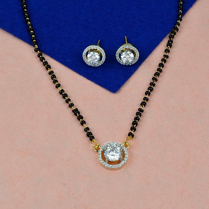 Pearlfect Mangalsutra Gold Plated American Diamond Pear Shaped With Black Beads