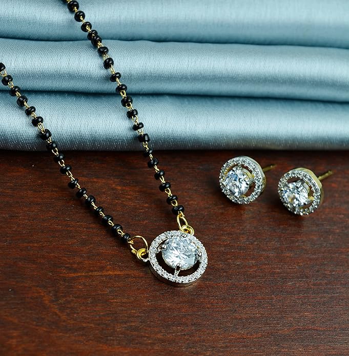 Pearlfect Mangalsutra Gold Plated American Diamond Pear Shaped With Black Beads