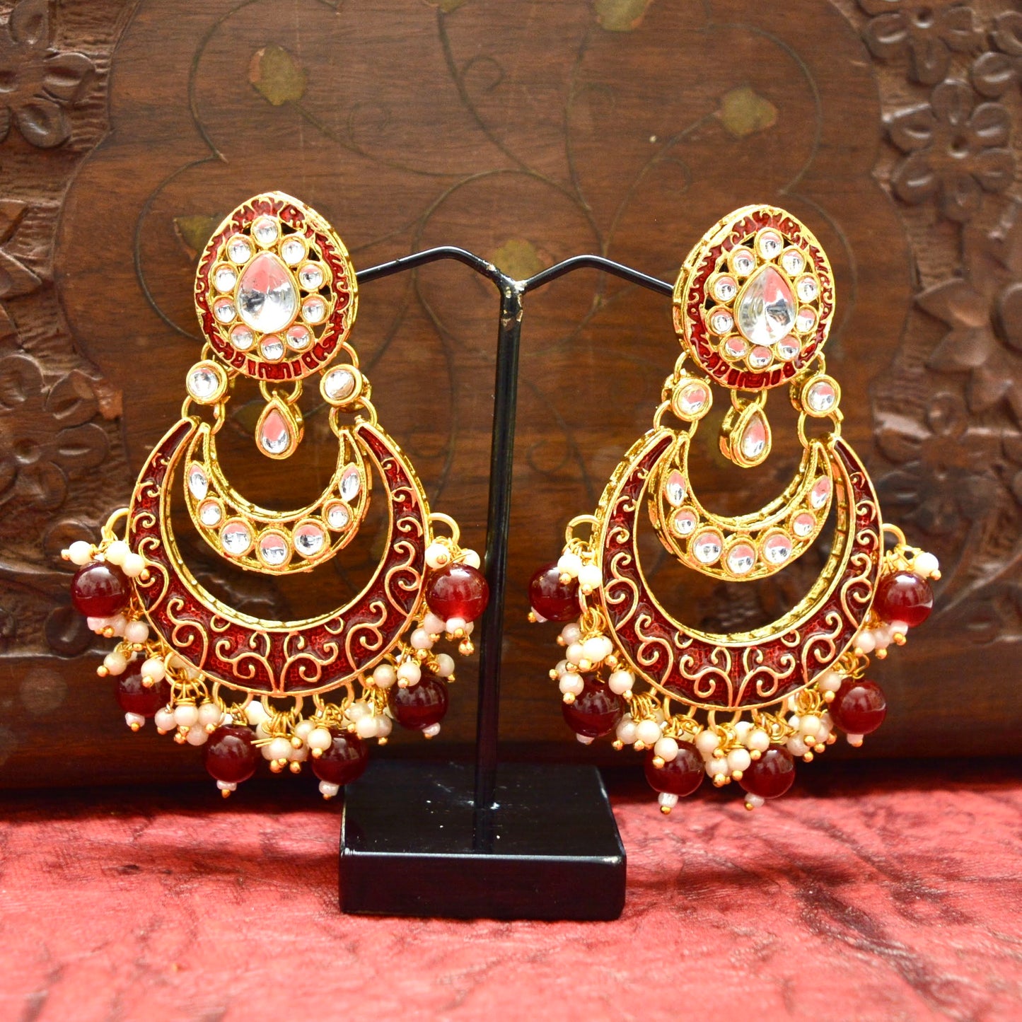 Pearlfect Statement Double Moon Kundan Earrings