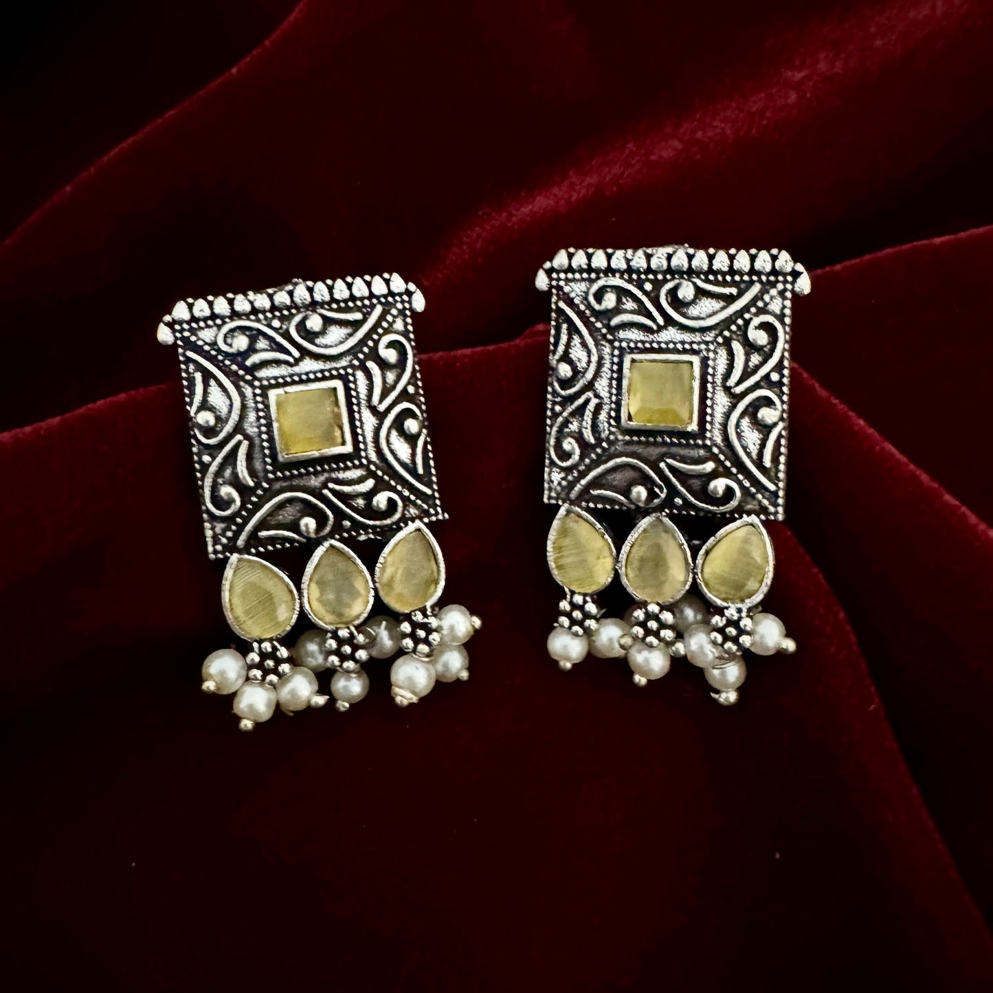 Pearlfect Oxidised Square-Shape Earrings with Pearls