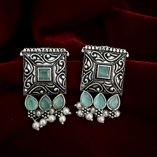 Pearlfect Oxidised Square-Shape Earrings with Pearls