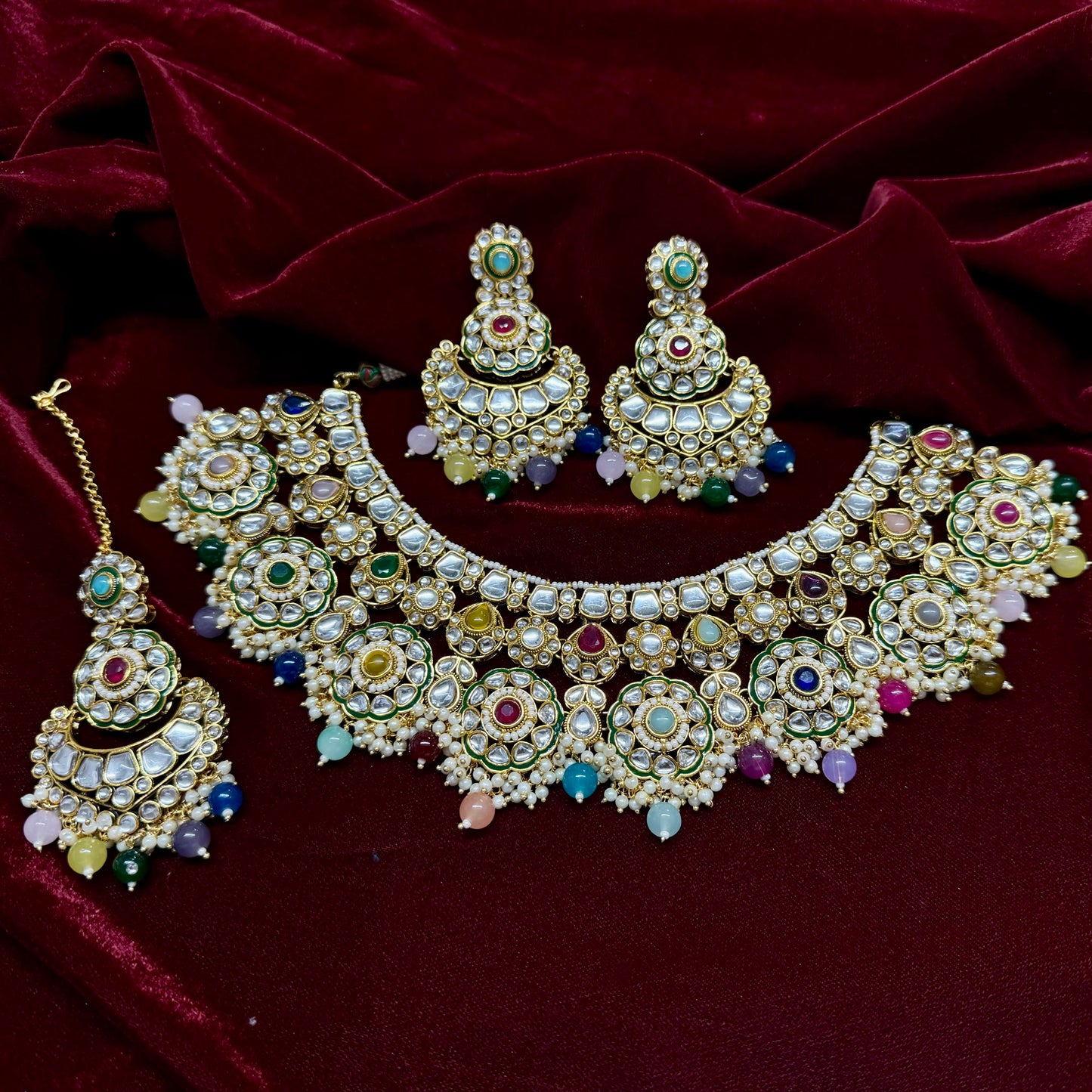 Pearlfect Blooming Garden Necklace Set with Maang Teeka