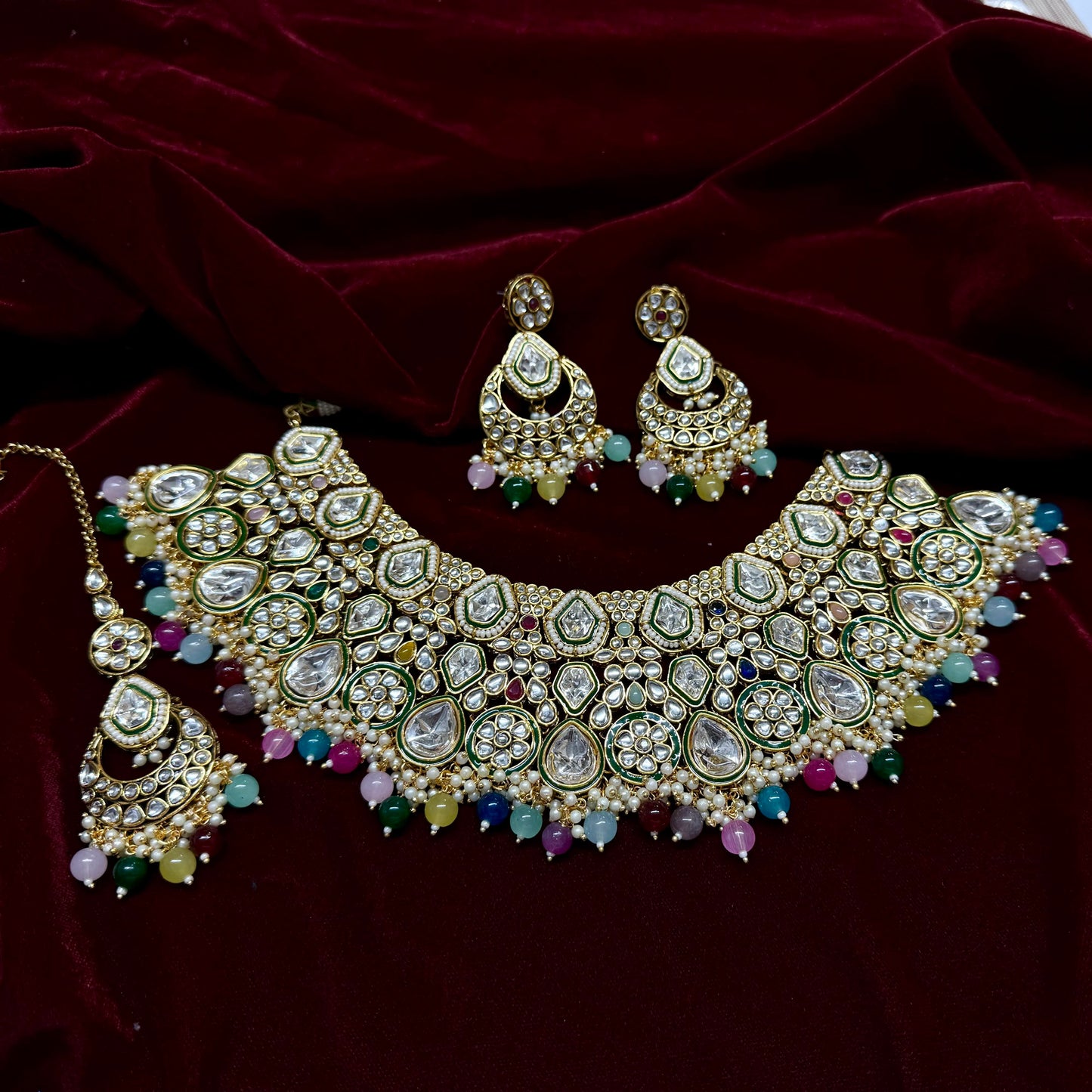 Pearlfect Exquisite Semi-Precious Kundan Set with Maang Teeka