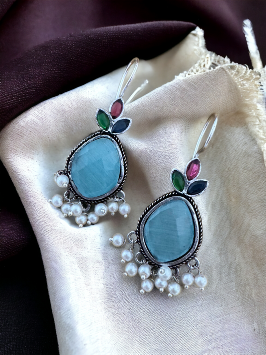 Pearlfect Cut-Stone Dangling Oxidised Earrings (In Four Colours)