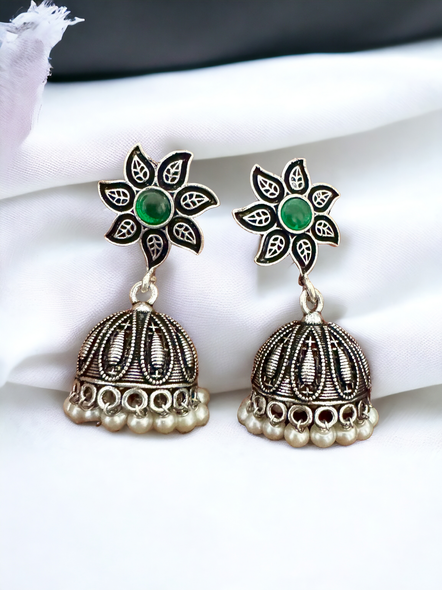 Pearlfect Oxidised Flower Earrings with Pearls