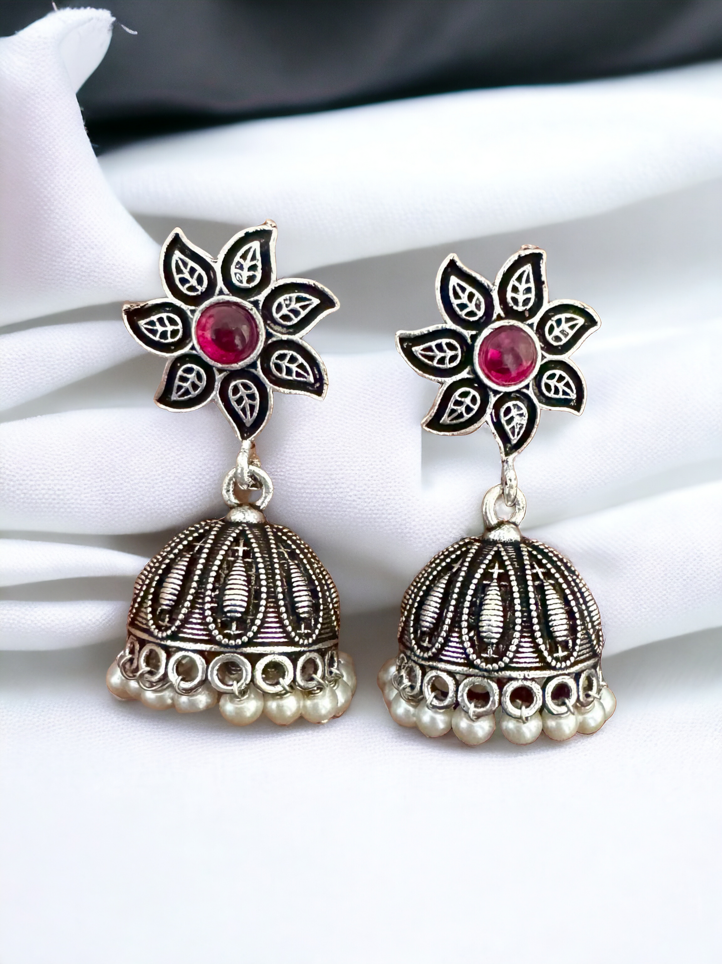 Pearlfect Oxidised Flower Earrings with Pearls