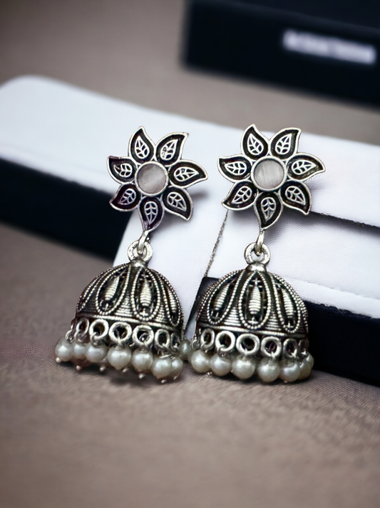 Pearlfect Oxidised Flower Earrings with Pearls