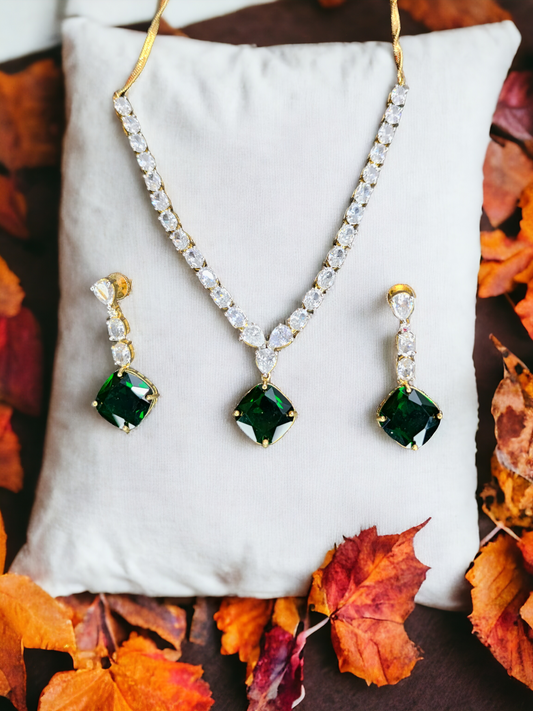 Pearlfect Green Emerald with American Diamond Cut Stones Necklace