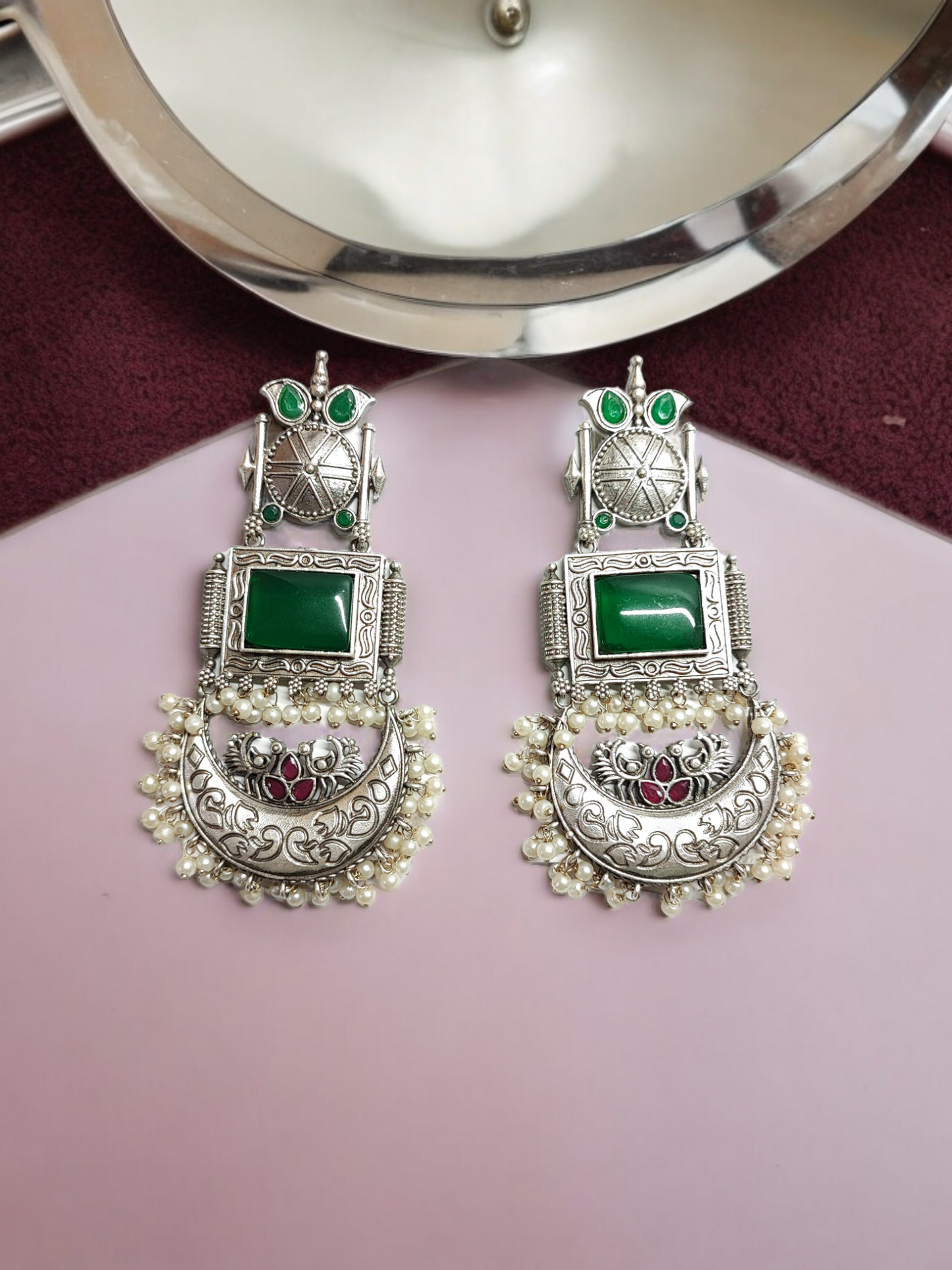 Pearlfect Vintage Style Moon, Semi-Precious Stones, and Peacock Dangle Earrings