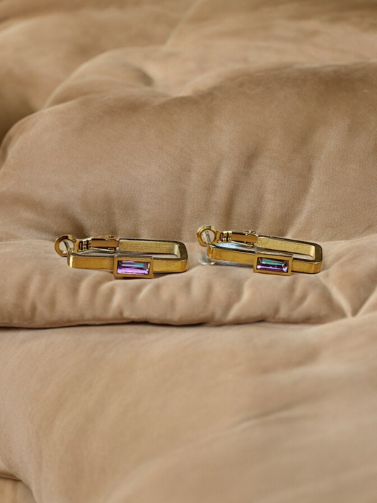 Pearlfect Rectangle Hoops with Purple Stone