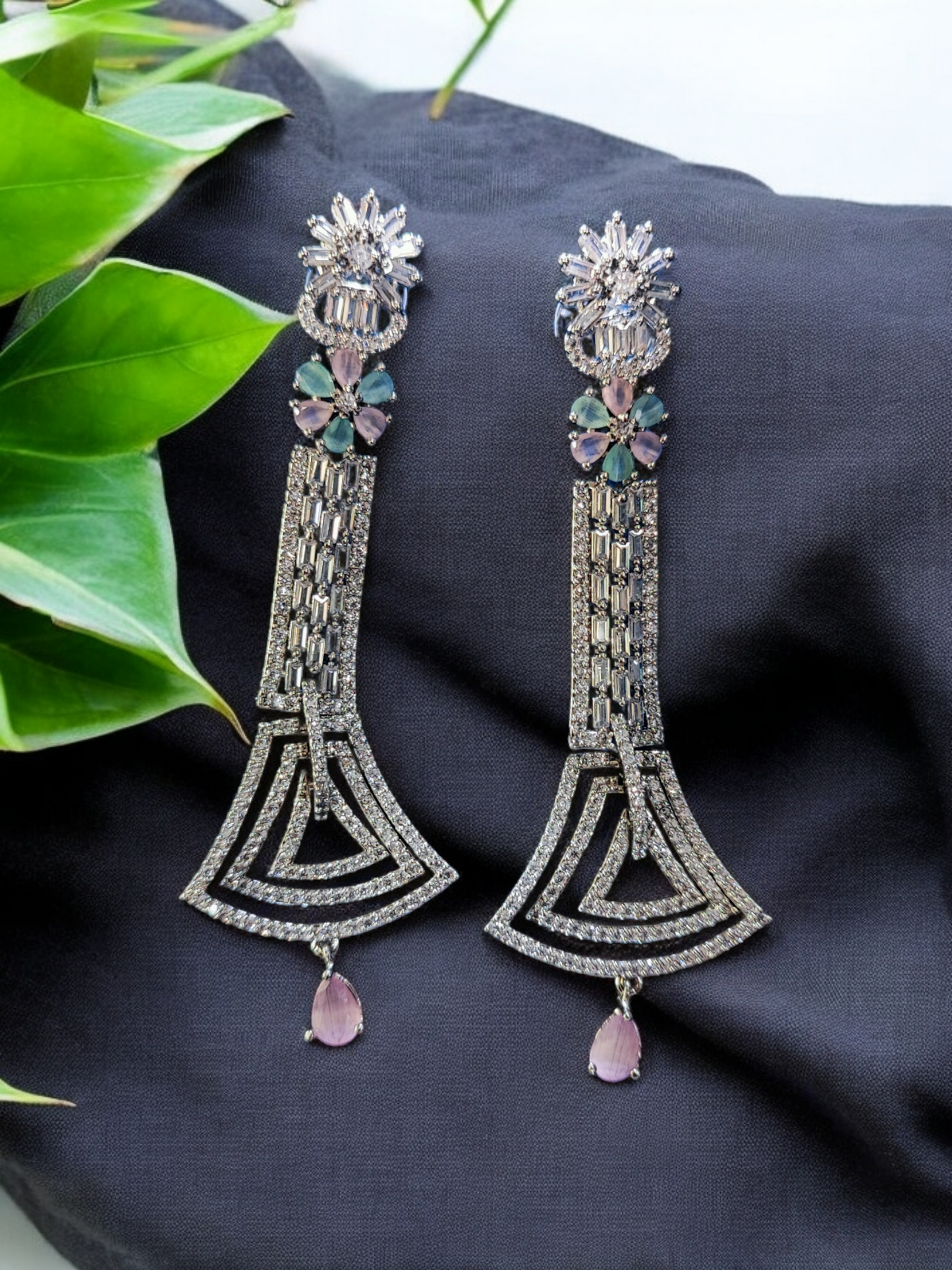 Pearlfect Statement Flowers Long AD Earrings
