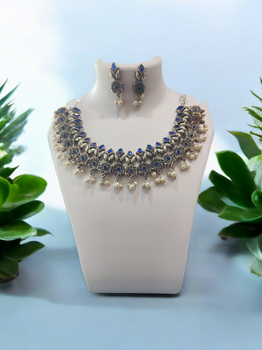 Pearlfect Oxidised Necklace Set with Flowers & Pearls