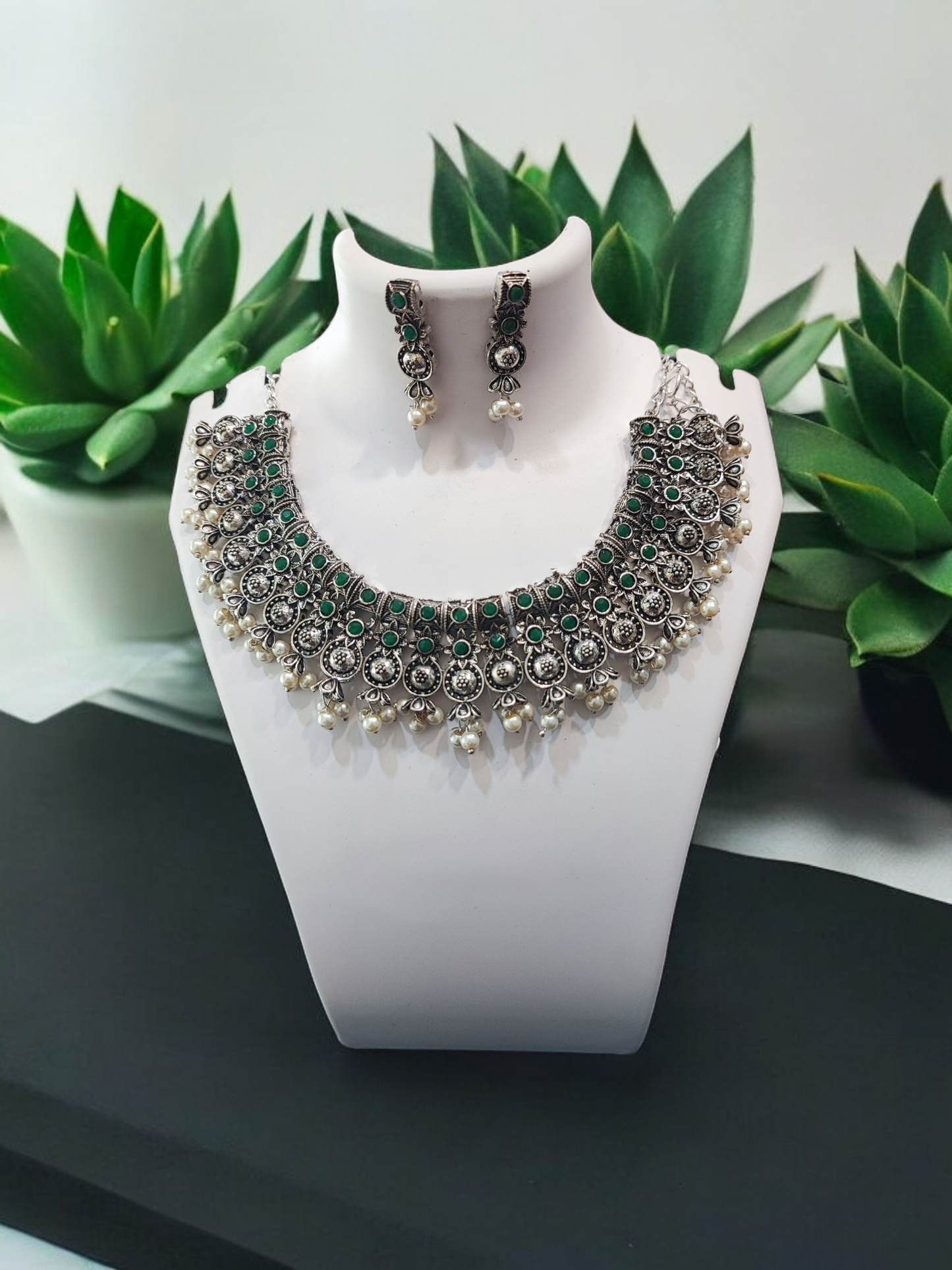 Pearlfect Oxidised Necklace Set with Flowers & Pearls