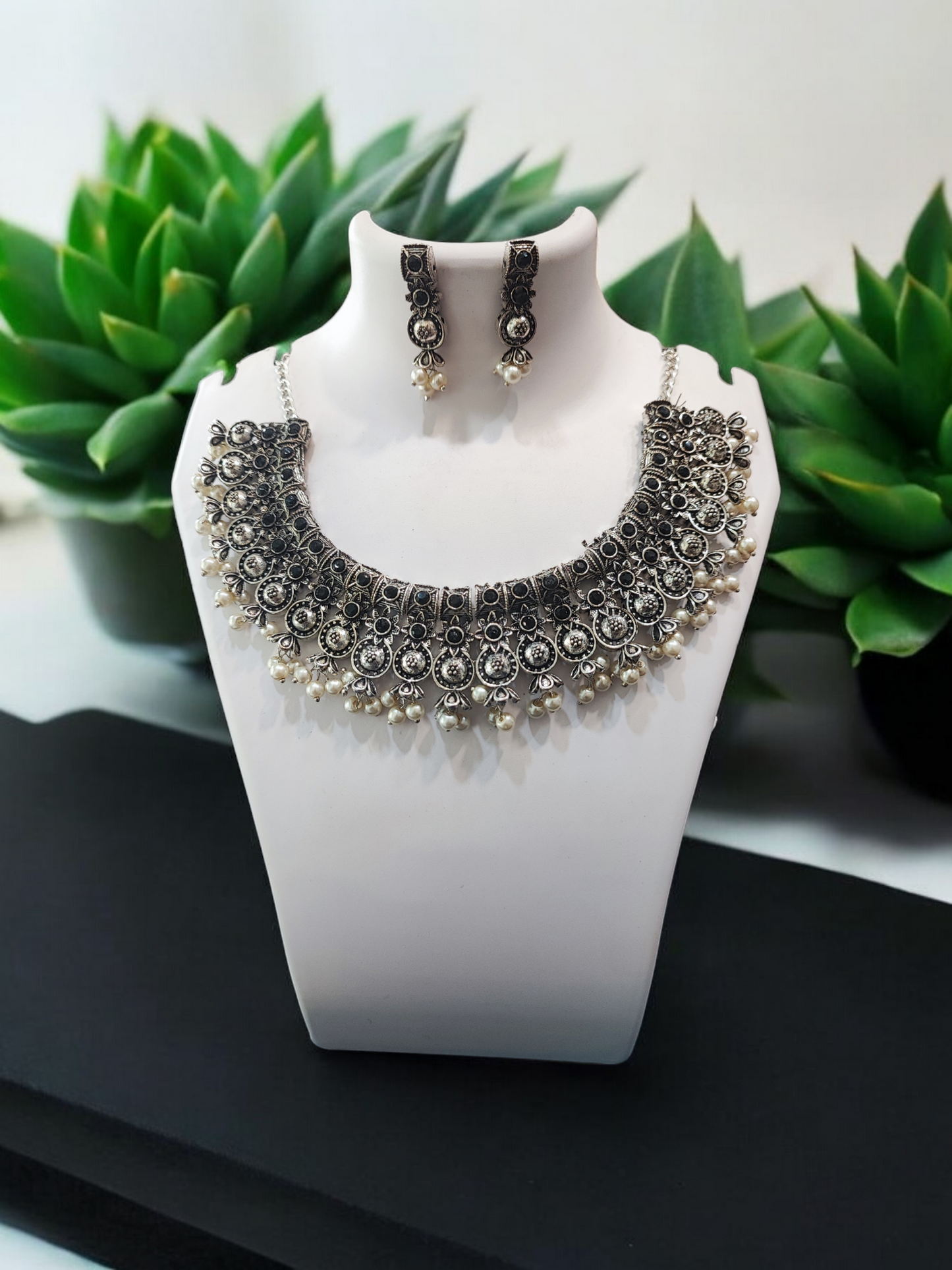 Pearlfect Oxidised Necklace Set with Flowers & Pearls