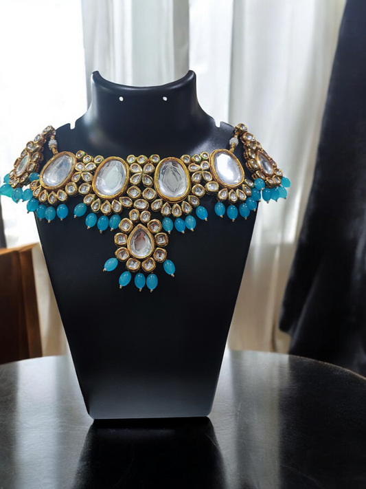 Pearlfect Statement Blue Kundan Necklace Set