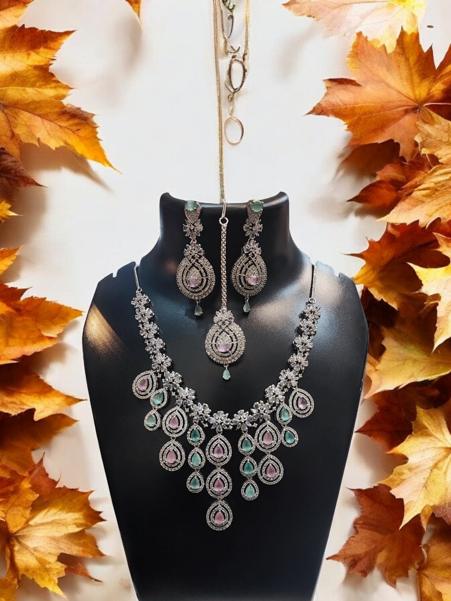 Pearlfect Statement Maker AD Necklace Set with Maang Teeka