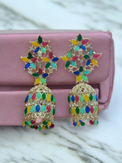 Pearlfect Multicolor Quadruple Flower Jhumkis