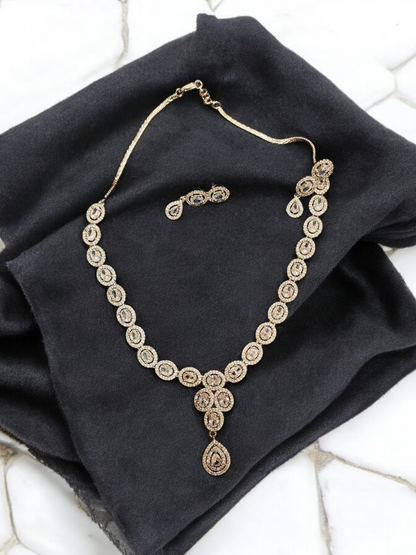 Pearlfect White Snow AD Necklace Set with Maang Teeka