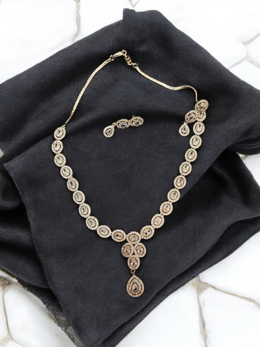 Pearlfect White Snow AD Necklace Set with Maang Teeka