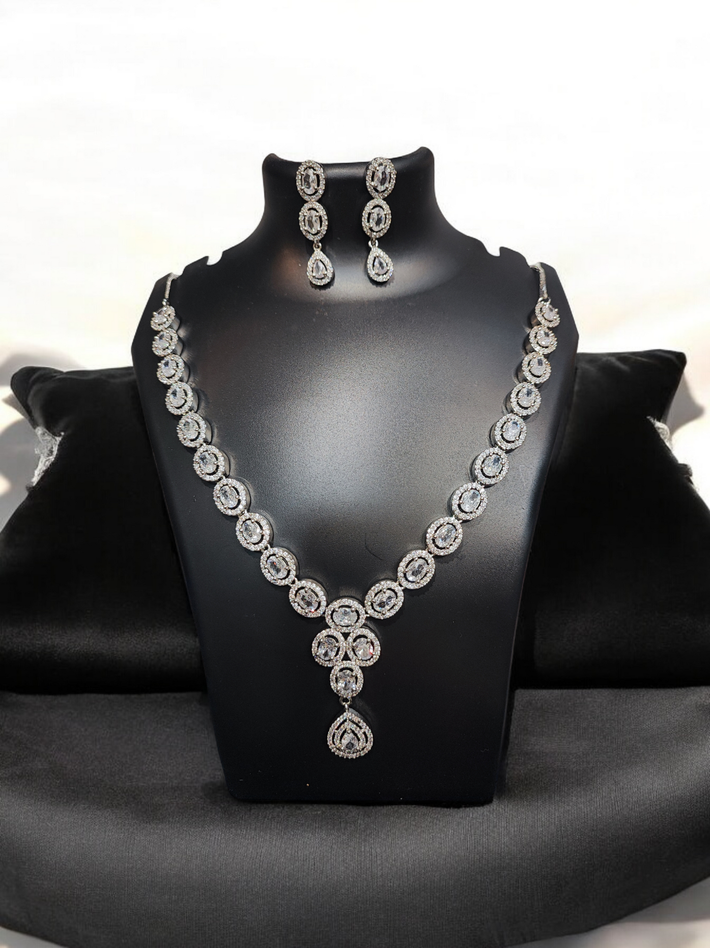 Pearlfect White Snow AD Necklace Set with Maang Teeka