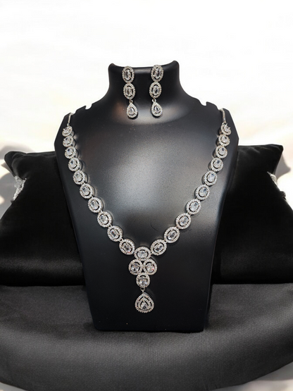 Pearlfect White Snow AD Necklace Set with Maang Teeka