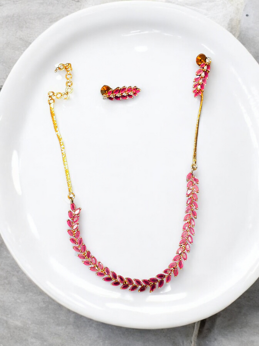 Pearlfect Pink Leaves Zircon Necklace Set
