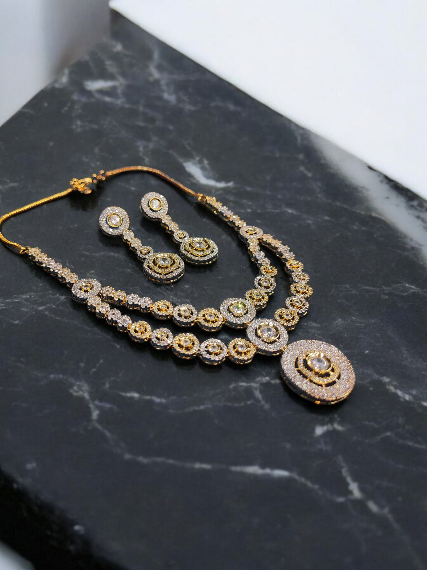 Pearlfect Double-Layer Silver-Golden Statement AD Necklace