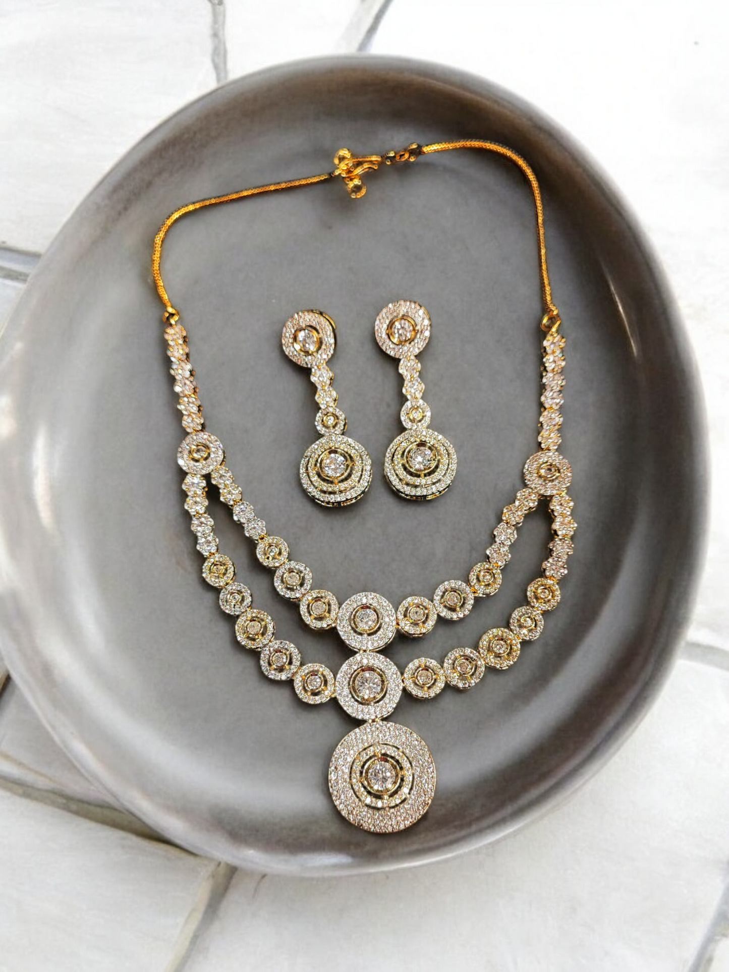 Pearlfect Double-Layer Silver-Golden Statement AD Necklace