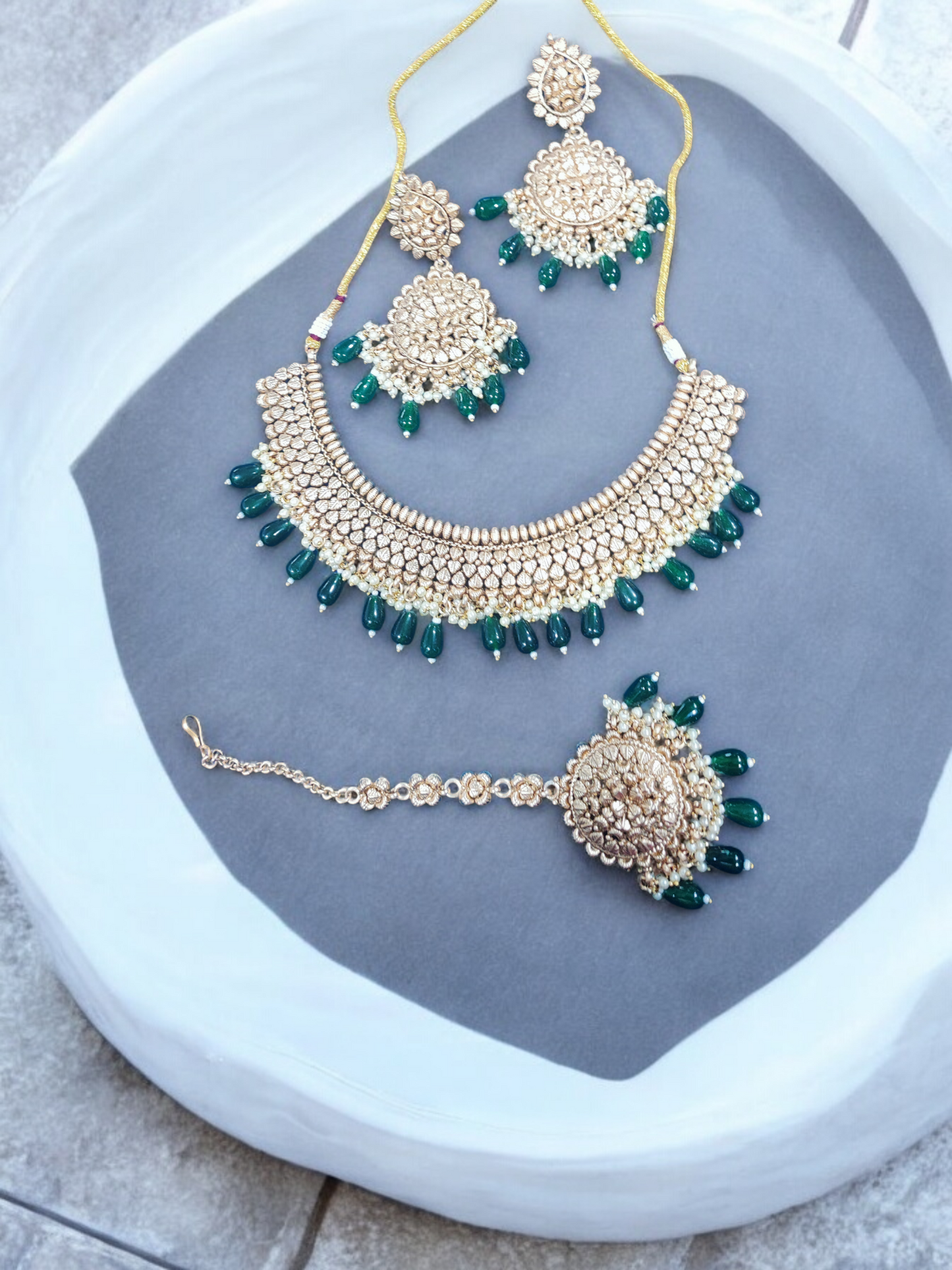 Pearlfect Matte Gold Statement Maker Necklace Set with Maang Teeka