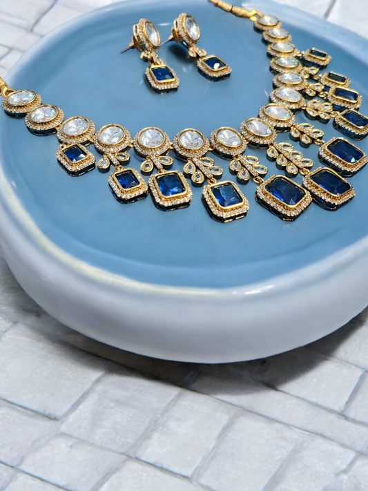Pearlfect Blue Mirror Statement Necklace Set
