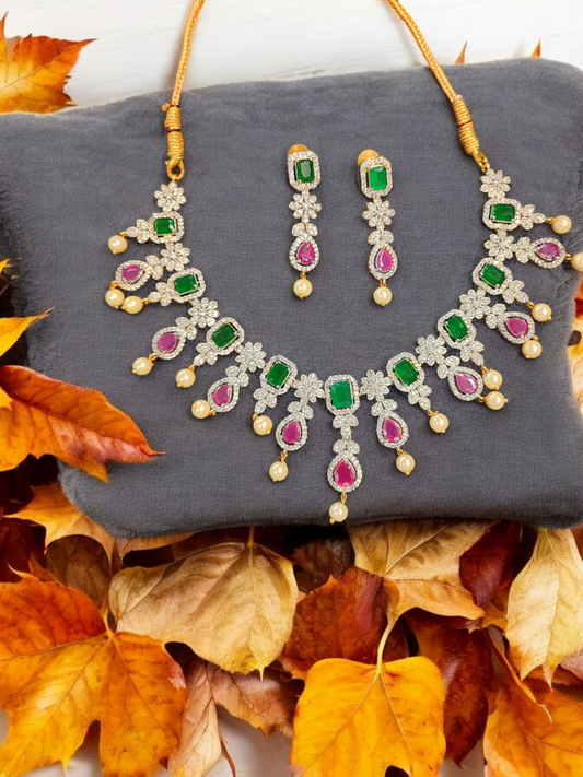 Pearlfect Green & Ruby Necklace Set