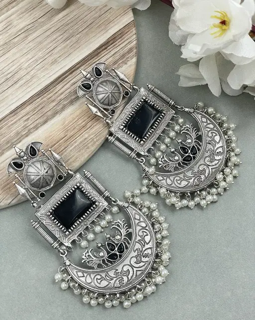 Pearlfect Vintage Style Moon, Semi-Precious Stones, and Peacock Dangle Earrings