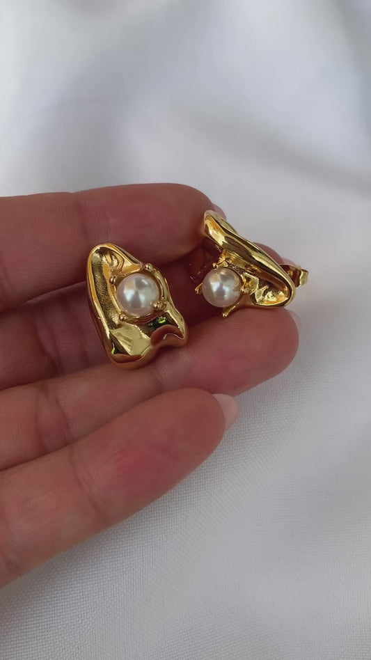 Pearlfect Engraved Pearl Gold-Plated Earrings